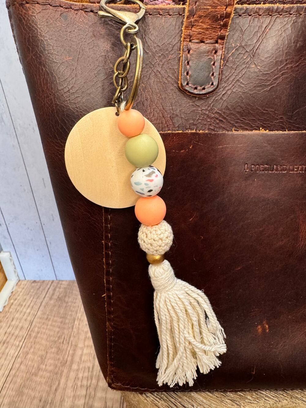Cute Pink Green Beaded Woven Beige Keychain Charm Purse Charm New